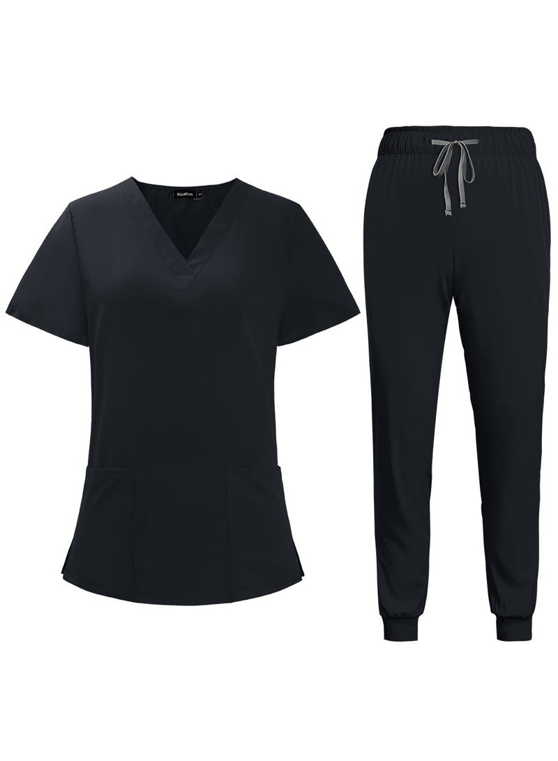 Generic Summer Doctor and Nurse Work Uniform Beauty Hospital Pet Dental Operating Room Washing Clothes Set (Black)  - Image 1