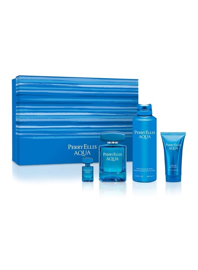 Perry Ellis Aqua Men 3.4oz EDT Spray, 0.25oz EDT Spray, 6.8oz Deodorizing Body Spray, 1.7oz Shower Gel 4 Pc Gift Set - Image 1