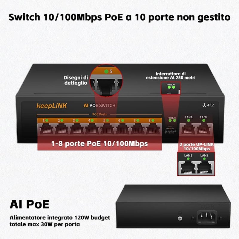 keepLiNK محول PoE 10 منفذ LAN مع 8 مناف�� PoE+ 100 ميجابت في الثانية، 2 منفذ رفع 100 ميجابت في الثانية، 135 واط 802.3af/at، تمديد 250 متر، بدون مروحة، توصيل وتشغيل، هيكل معدني متين - Image 2
