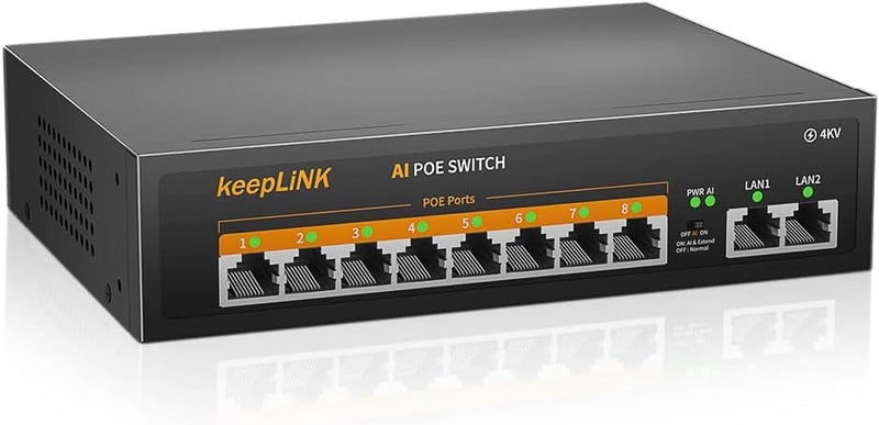 keepLiNK محول PoE 10 منفذ LAN مع 8 مناف�� PoE+ 100 ميجابت في الثانية، 2 منفذ رفع 100 ميجابت في الثانية، 135 واط 802.3af/at، تمديد 250 متر، بدون مروحة، توصيل وتشغيل، هيكل معدني متين - Image 1