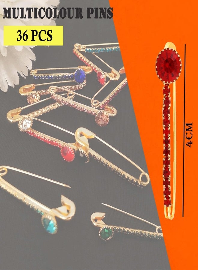 VAMA FASHIONS Multicolor Rhinestone Safety pin Brooch for Clothes Sweater Shirt Pants Dresses Scarf Skirt Saree Dupatta Hat Hijab Clips Jeans Pins Set of 36 Pcs - Image 3
