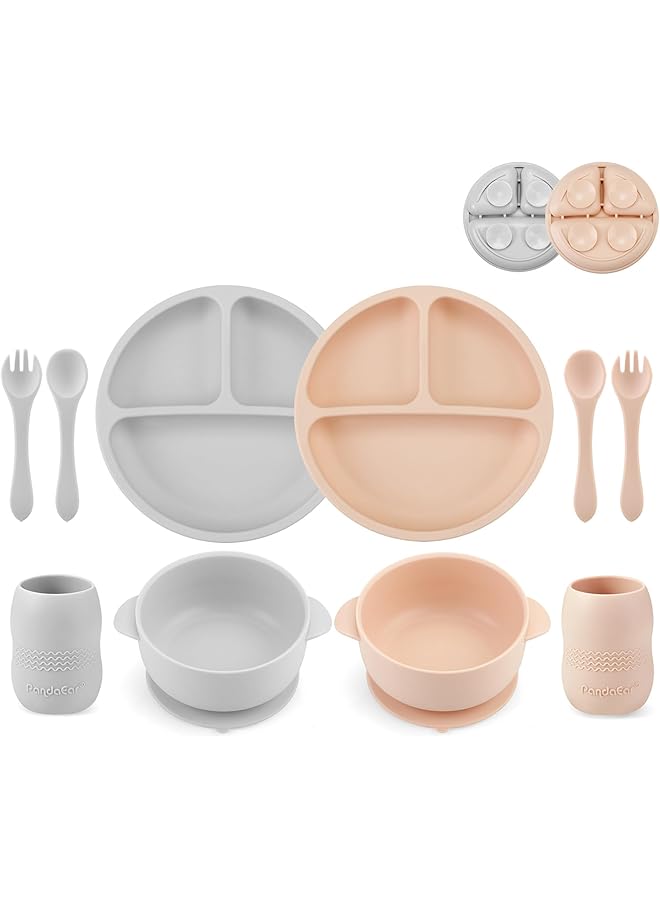 PandaEar Silicone Baby Feeding Set2 Divided Suction Plate + 2 Suction Bowl + 2 Tiny Cup With 2 SpoonsBaby Led Weaning Supplies Self Feeding Utensils (Pink Grey) - Image 1