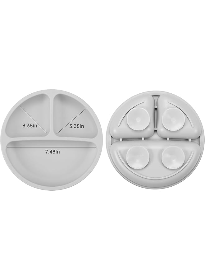 PandaEar Silicone Baby Feeding Set2 Divided Suction Plate + 2 Suction Bowl + 2 Tiny Cup With 2 SpoonsBaby Led Weaning Supplies Self Feeding Utensils (Pink Grey) - Image 3