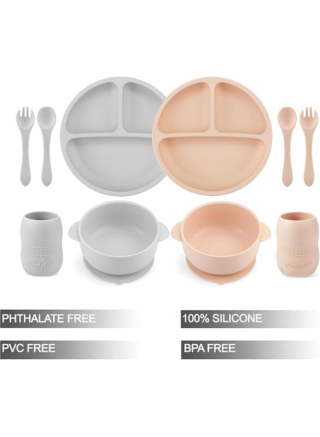 PandaEar Silicone Baby Feeding Set2 Divided Suction Plate + 2 Suction Bowl + 2 Tiny Cup With 2 SpoonsBaby Led Weaning Supplies Self Feeding Utensils (Pink Grey) - Image 2
