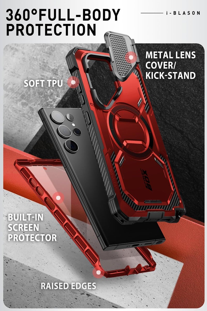 i-Blason Armorbox for Samsung Galaxy S24 Ultra Case MagSafe with Camera Cover Stand [Support Wireless Charger] 360 Full-Body Case with Screen Protector & Kickstand Phone Case for S24 Ultra, Red - Image 4
