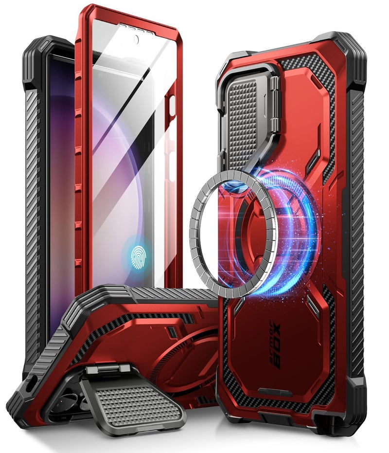 i-Blason Armorbox for Samsung Galaxy S24 Ultra Case MagSafe with Camera Cover Stand [Support Wireless Charger] 360 Full-Body Case with Screen Protector & Kickstand Phone Case for S24 Ultra, Red - Image 1