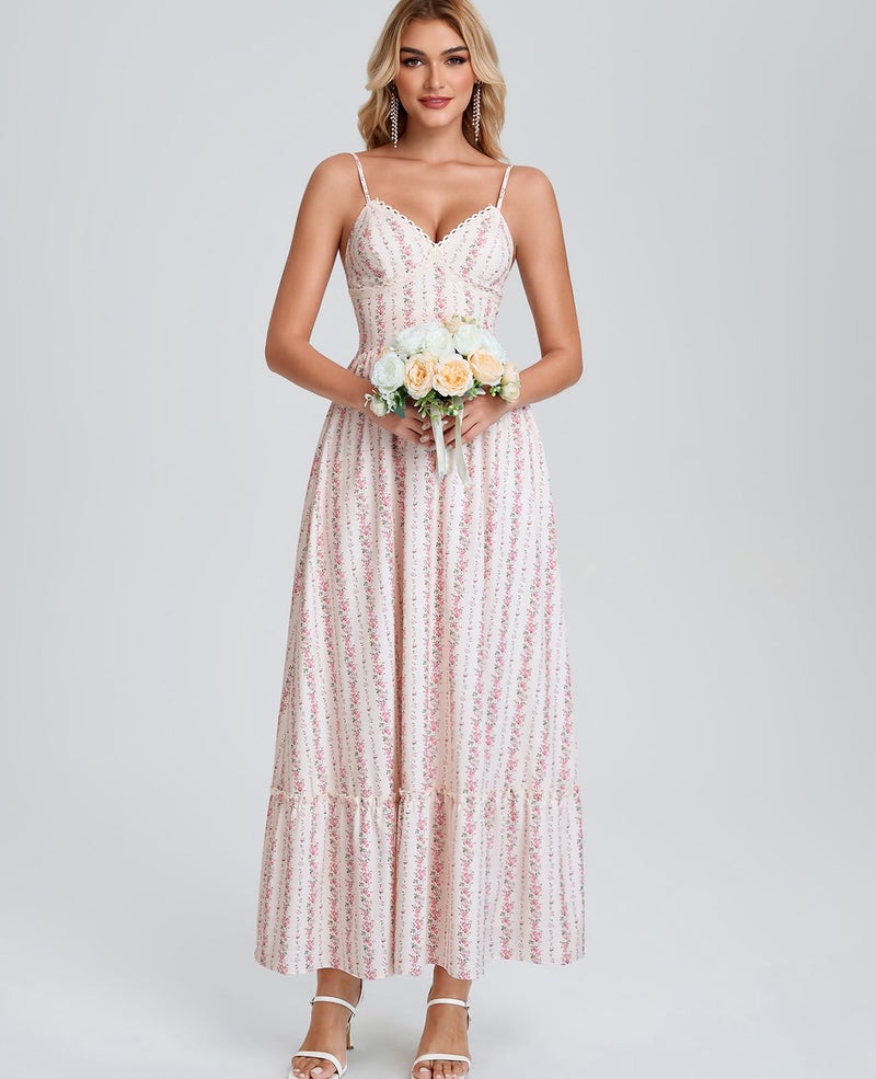 GLNEGE Women's Floral Wedding Guest Long Dress Summer Flowy Tea Party Dresses Spaghetti Straps Lace V Neck Sundress - Image 4