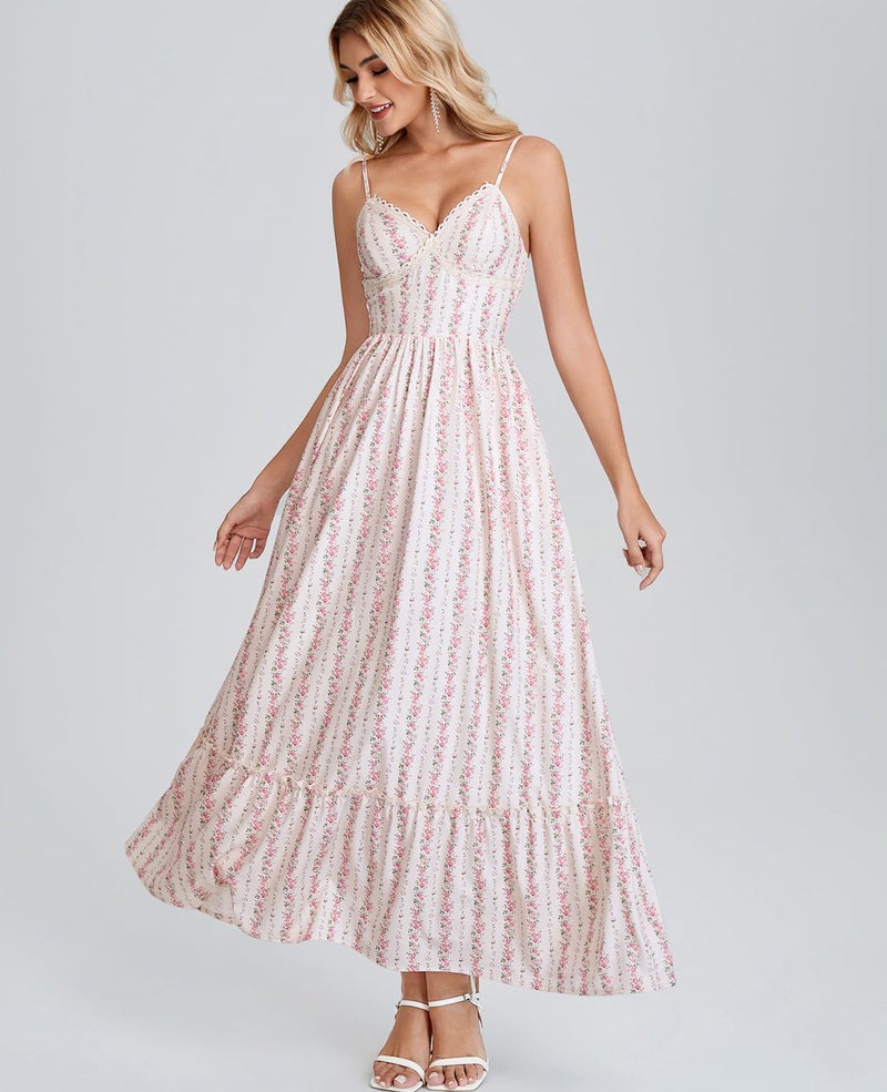 GLNEGE Women's Floral Wedding Guest Long Dress Summer Flowy Tea Party Dresses Spaghetti Straps Lace V Neck Sundress - Image 5
