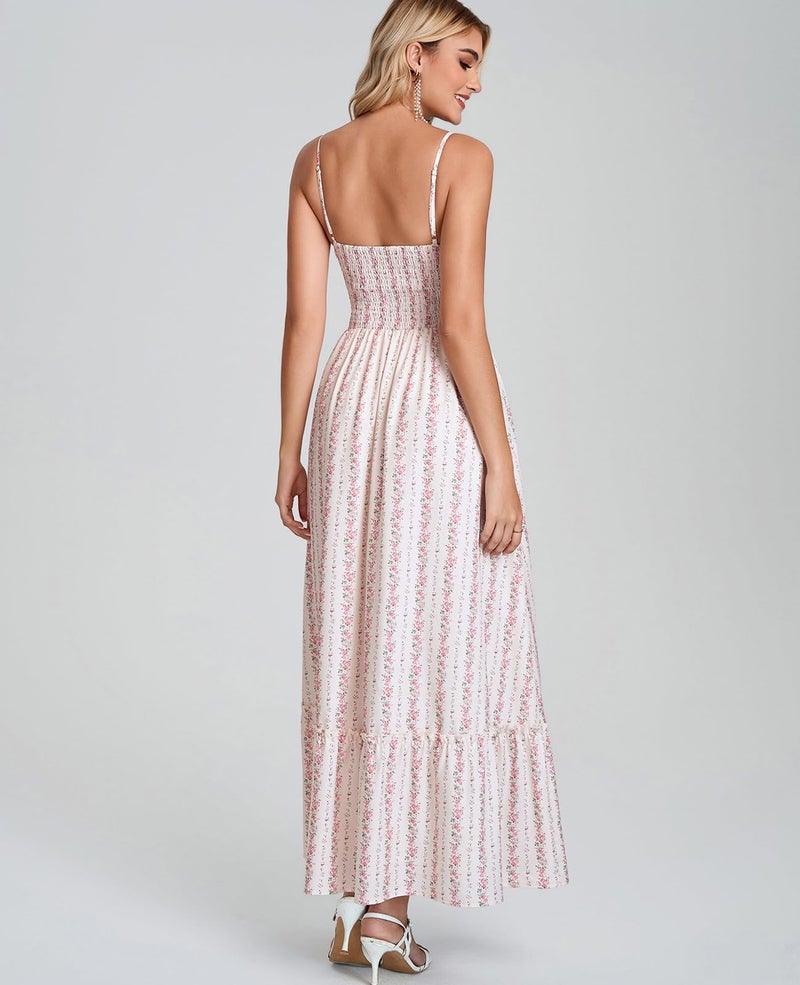 GLNEGE Women's Floral Wedding Guest Long Dress Summer Flowy Tea Party Dresses Spaghetti Straps Lace V Neck Sundress - Image 3