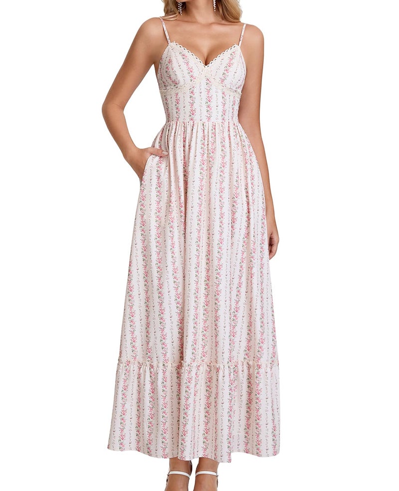 GLNEGE Women's Floral Wedding Guest Long Dress Summer Flowy Tea Party Dresses Spaghetti Straps Lace V Neck Sundress - Image 1