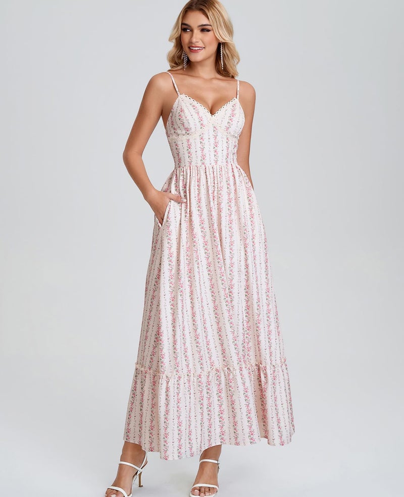 GLNEGE Women's Floral Wedding Guest Long Dress Summer Flowy Tea Party Dresses Spaghetti Straps Lace V Neck Sundress - Image 2