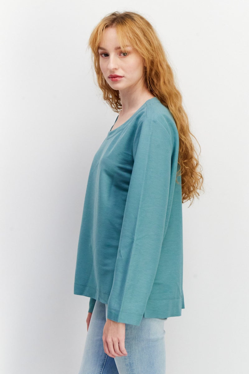 ESPRIT Women Round Neck Long Sleeve Plain Top, Sage Green - Image 3