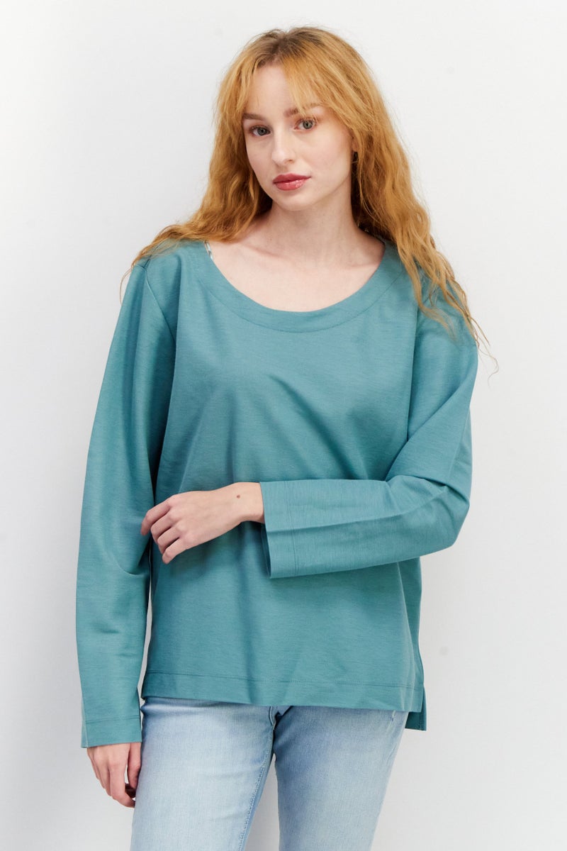 ESPRIT Women Round Neck Long Sleeve Plain Top, Sage Green - Image 1