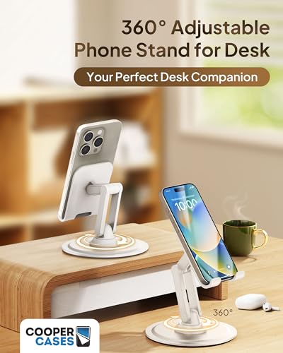 COOPER 360 Stand Rotating Cell Phone Stand for Desk Sturdy Metal Base Foldable Portable Cell Phone Holder for Desk Cream White - Image 3