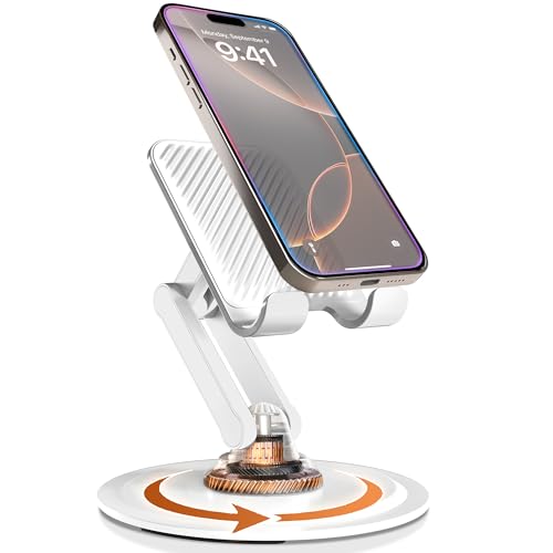 COOPER 360 Stand Rotating Cell Phone Stand for Desk Sturdy Metal Base Foldable Portable Cell Phone Holder for Desk Cream White - Image 1
