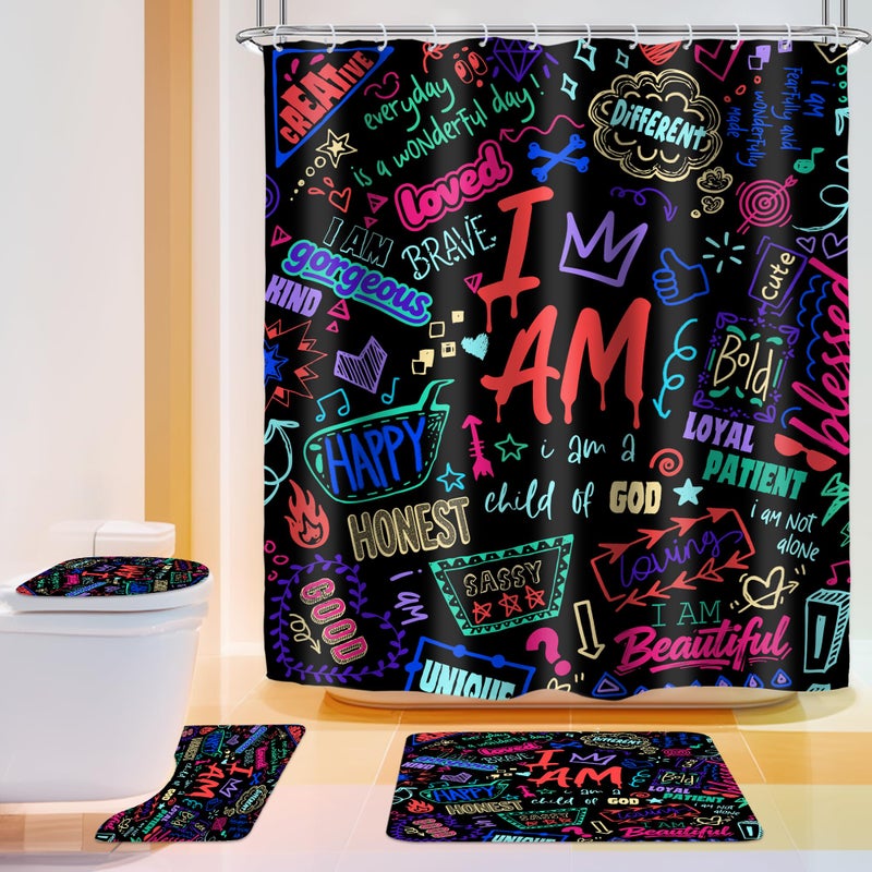 ريديكور طقم ستائر حمام للأطفال من رييديكور، مكون من 4 قطع، بألوان زاهية وعبارات ملهمة، مع سجاد وإكسسوارات، بما في ذلك سجادة غطاء المرحاض بتصميم تجريدي، وسجادة حمام، وسجادة أرضية مع 12 خطافًا. - Image 1