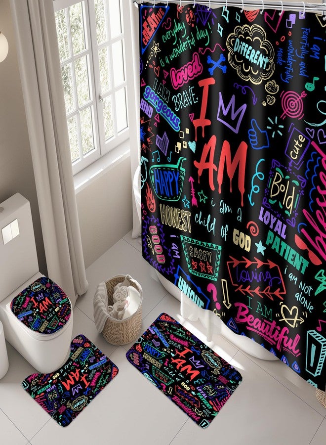 ريديكور طقم ستائر حمام للأطفال من رييديكور، مكون من 4 قطع، بألوان زاهية وعبارات ملهمة، مع سجاد وإكسسوارات، بما في ذلك سجادة غطاء المرحاض بتصميم تجريدي، وسجادة حمام، وسجادة أرضية مع 12 خطافًا. - Image 3