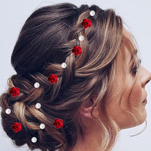 FRESCORR (12-Pieces) Hair Accessories Set | 6 Pearl U-Pins & 6 Red Flower U-Pins | Decorative Beaded Hair Pins for Women & Girls | Bridal Hair Accessories for Weddings, Parties & Special Occasions - Image 1