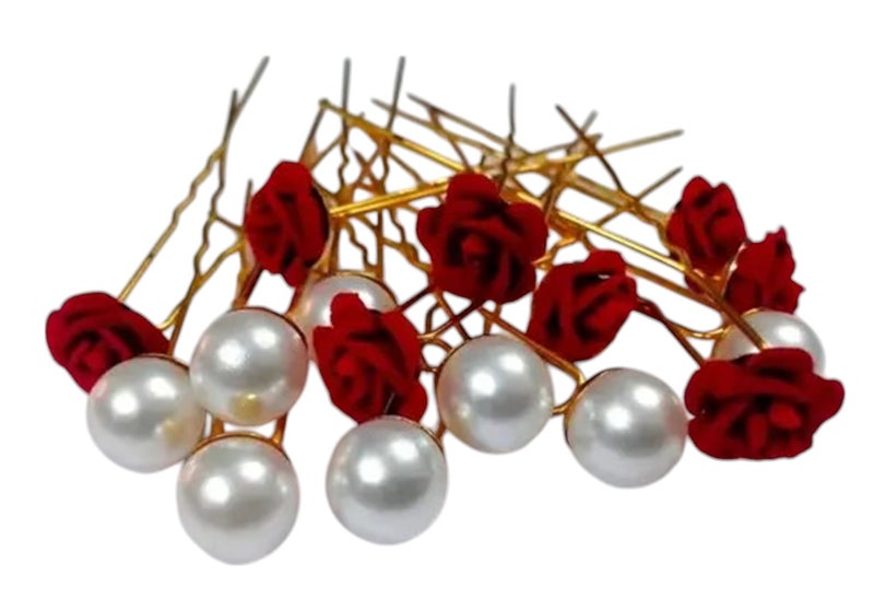 FRESCORR (12-Pieces) Hair Accessories Set | 6 Pearl U-Pins & 6 Red Flower U-Pins | Decorative Beaded Hair Pins for Women & Girls | Bridal Hair Accessories for Weddings, Parties & Special Occasions - Image 4