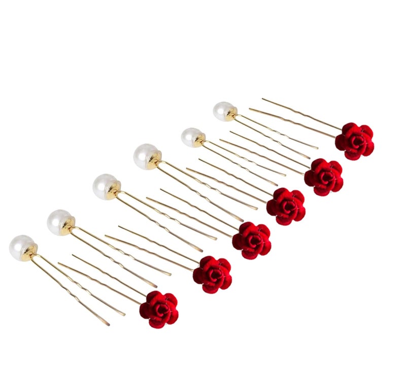 FRESCORR (12-Pieces) Hair Accessories Set | 6 Pearl U-Pins & 6 Red Flower U-Pins | Decorative Beaded Hair Pins for Women & Girls | Bridal Hair Accessories for Weddings, Parties & Special Occasions - Image 3