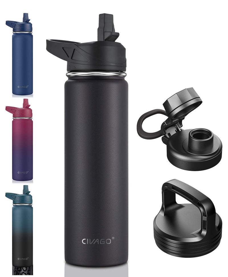 CIVAGO 22 oz Insulated Water Bottle With Straw  Stainless Steel Sports Water Flask Cup with 3 Lids (Straw  Portable Spout and Handle Lid)  Double Walled Travel Thermal Canteen Mug  Black - Image 1