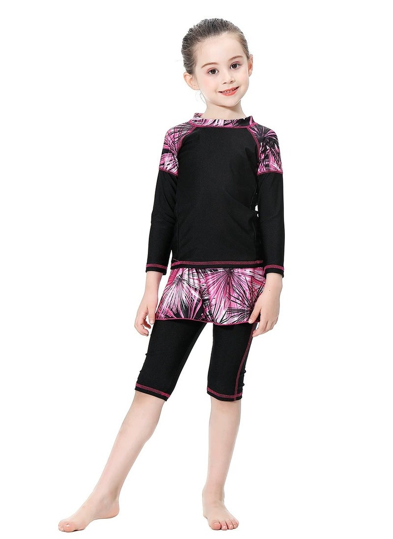 Loquat - 3-Piece Girls Fast Dry Round Neck Split Swimsuit Swimwear With Cap Set Islamic Swimwear Burkinis Muslim Conservative Black - Image 1
