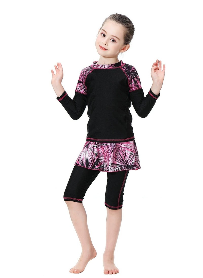 Loquat - 3-Piece Girls Fast Dry Round Neck Split Swimsuit Swimwear With Cap Set Islamic Swimwear Burkinis Muslim Conservative Black - Image 1