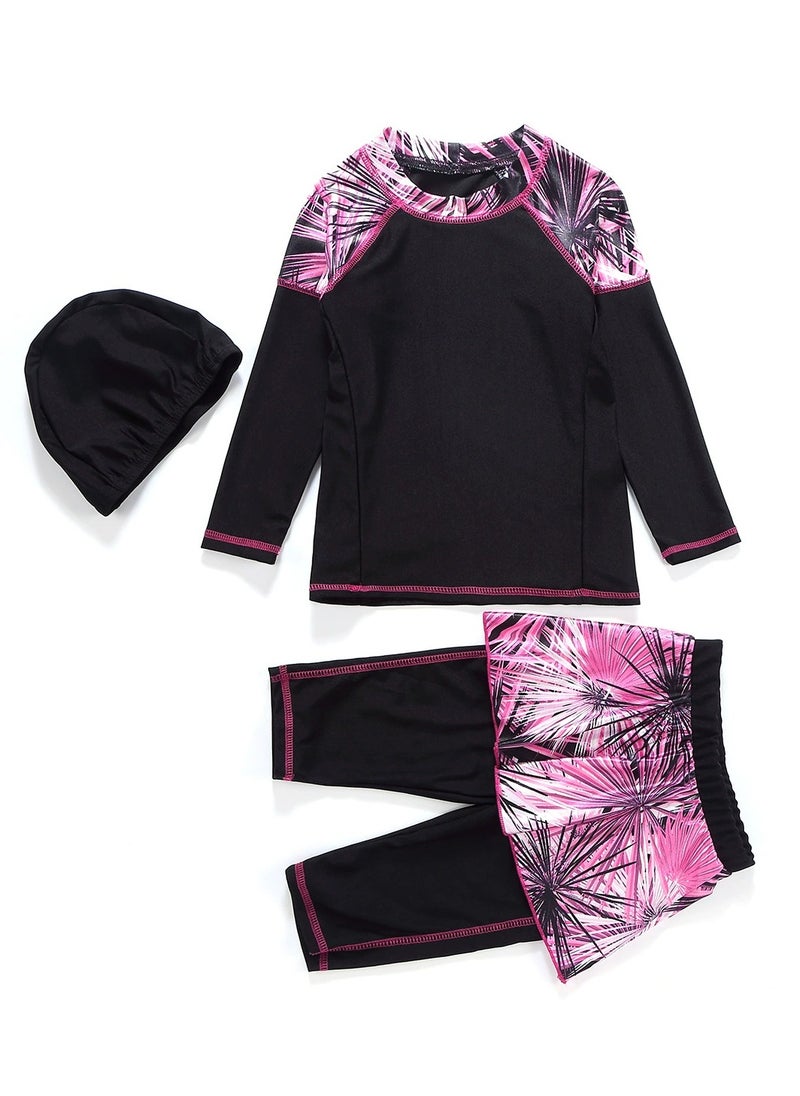 Loquat - 3-Piece Girls Fast Dry Round Neck Split Swimsuit Swimwear With Cap Set Islamic Swimwear Burkinis Muslim Conservative Black - Image 1