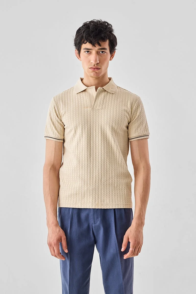 SNITCH Beige Textured Half Sleeve Regular Fit T-Shirt