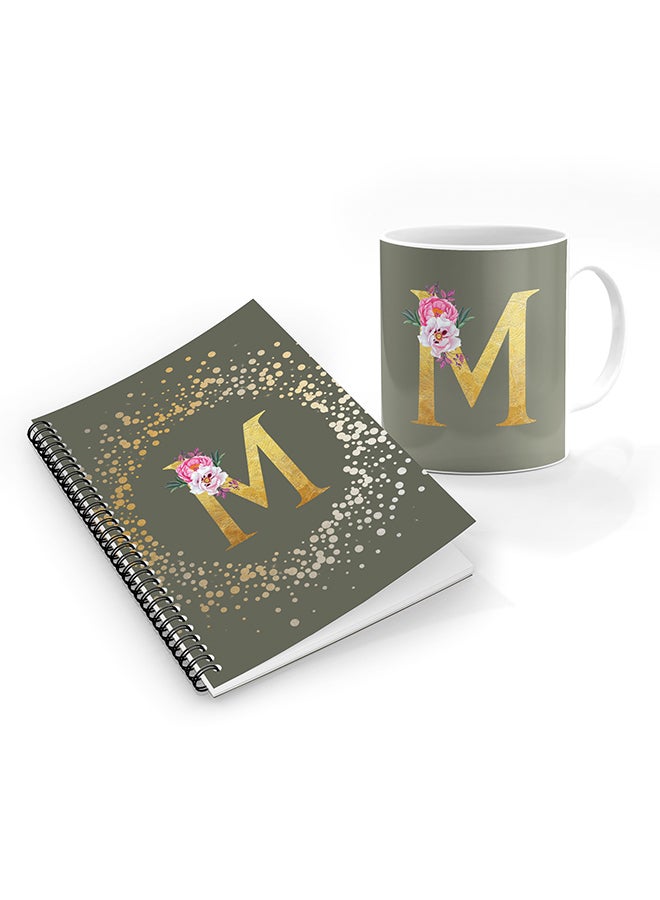 Stylizedd Printed Coffee Mug + A5 Spiral Notebook Memo Personalised Combo Gift Set Custom Monogram Initial Letter Floral Pattern Alphabet - M  (Olive Green )