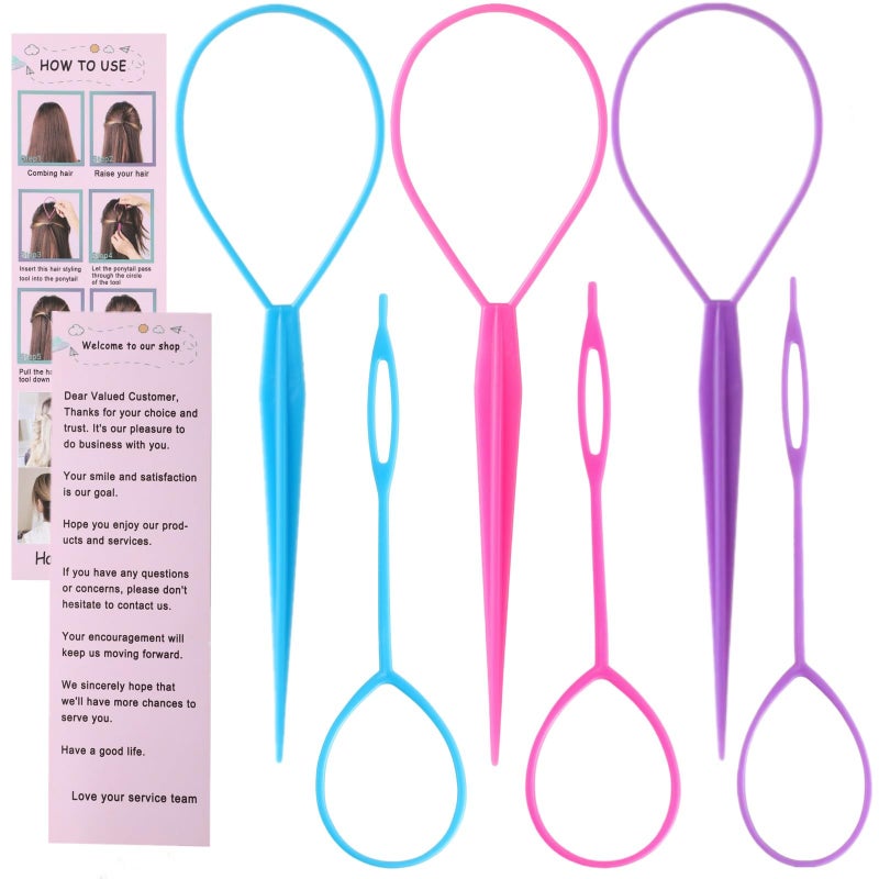 Schembo Topsy Tail Hair Tool Set - 6pcs Loop Styling Tool, Ponytail Pull Through, Two Sizes, 3 Colors (Pink/Purple/Blue) for Women, Girls & Kids - Image 1