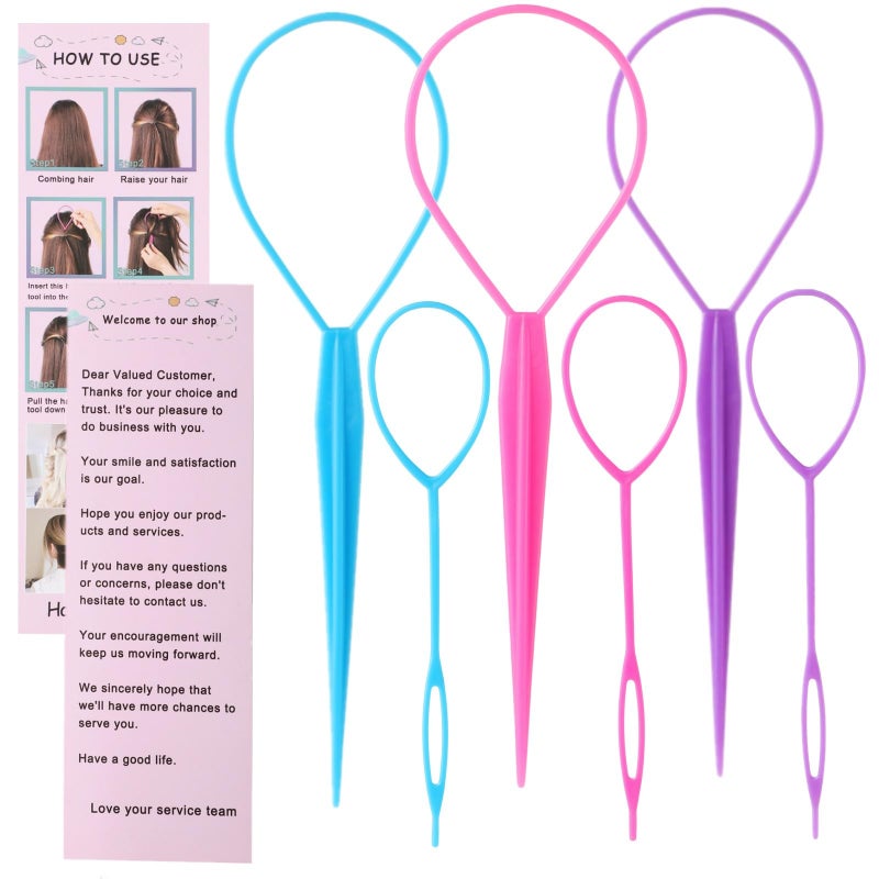 Schembo Topsy Tail Hair Tool Set - 6pcs Loop Styling Tool, Ponytail Pull Through, Two Sizes, 3 Colors (Pink/Purple/Blue) for Women, Girls & Kids - Image 3