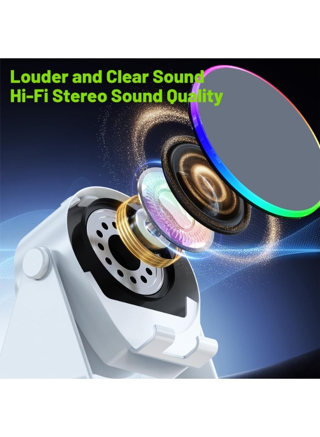 سماعة صوت حثية لاسلكية بلوتوث - حامل هاتف 4 في 1 مع مكبر صوت مضيء - حامل دوار 360° للأجهزة اللوحية - هدايا للرجال والنساء والمراهقين - أبيض - Image 4