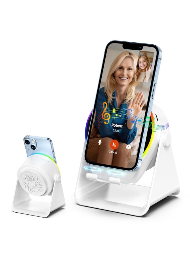 سماعة صوت حثية لاسلكية بلوتوث - حامل هاتف 4 في 1 مع مكبر صوت مضيء - حامل دوار 360° للأجهزة اللوحية - هدايا للرجال والنساء والمراهقين - أبيض - Image 1