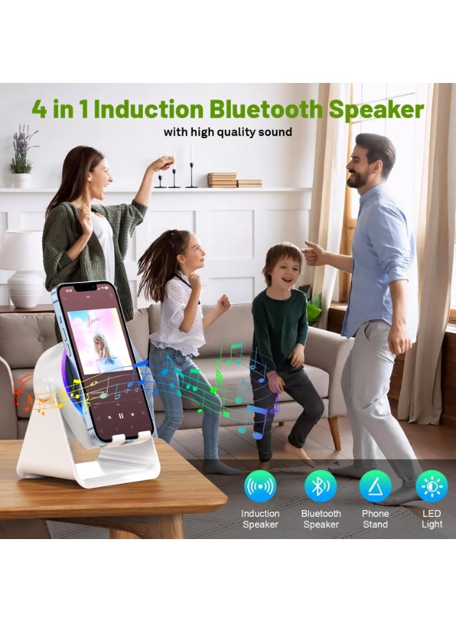 سماعة صوت حثية لاسلكية بلوتوث - حامل هاتف 4 في 1 مع مكبر صوت مضيء - حامل دوار 360° للأجهزة اللوحية - هدايا للرجال والنساء والمراهقين - أبيض - Image 2