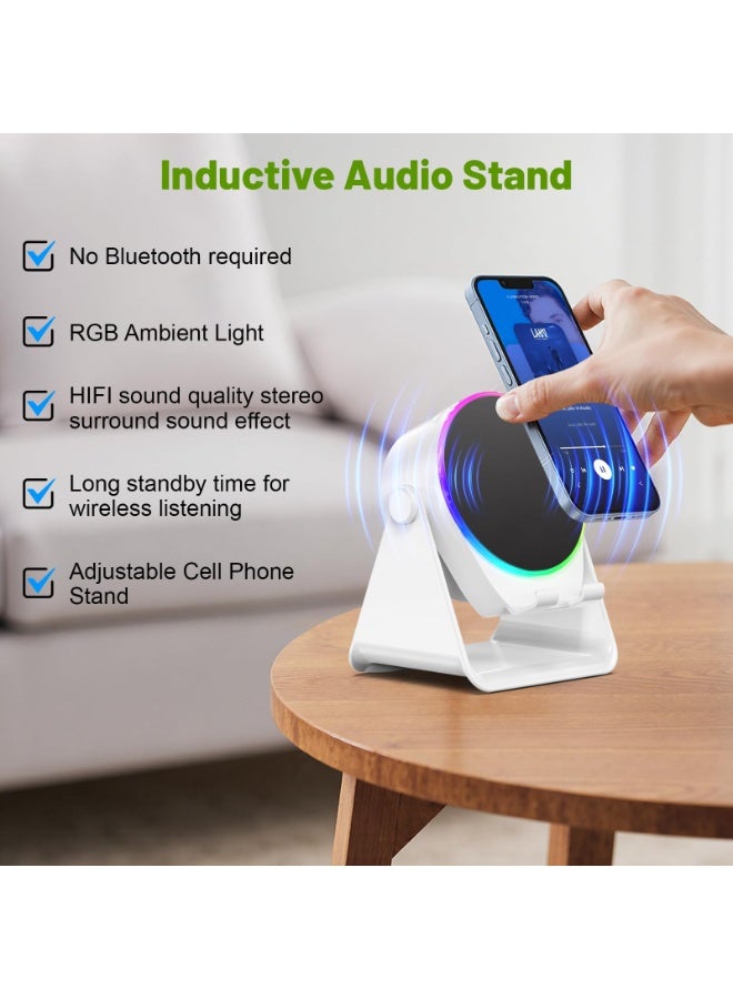 سماعة صوت حثية لاسلكية بلوتوث - حامل هاتف 4 في 1 مع مكبر صوت مضيء - حامل دوار 360° للأجهزة اللوحية - هدايا للرجال والنساء والمراهقين - أبيض - Image 3
