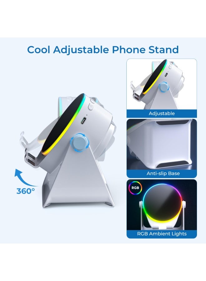 سماعة صوت حثية لاسلكية بلوتوث - حامل هاتف 4 في 1 مع مكبر صوت مضيء - حامل دوار 360° للأجهزة اللوحية - هدايا للرجال والنساء والمراهقين - أبيض - Image 5