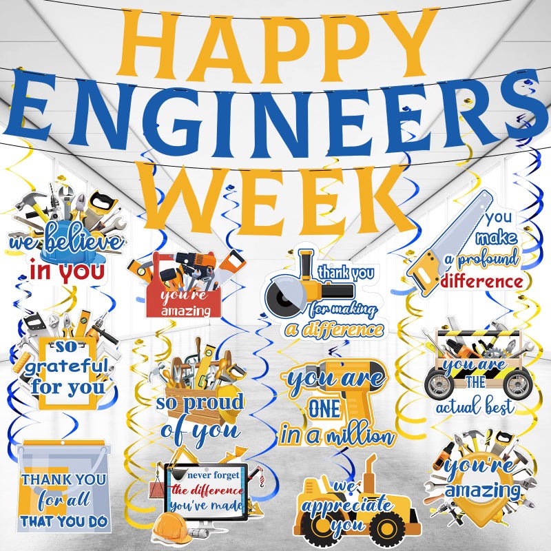 Frienda 90 Pcs Happy Engineers Week Banner Set Hanging Swirl Party Decoration Engineer Appreciation Tool Ceiling Hanging Party Supplies Thank You Engineer Week Sign Decor for Men Women Civil Engineers - Image 1