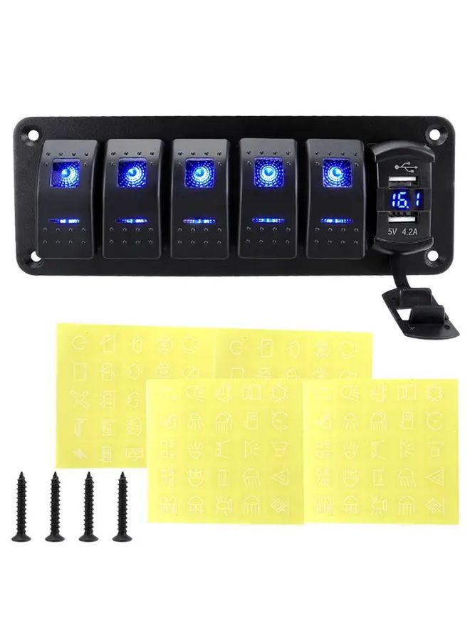لوحة مفتاح روكر Blue 7 Gang مع فولتميتر وشاحن USB مزدوج سريع الشحن - Image 1