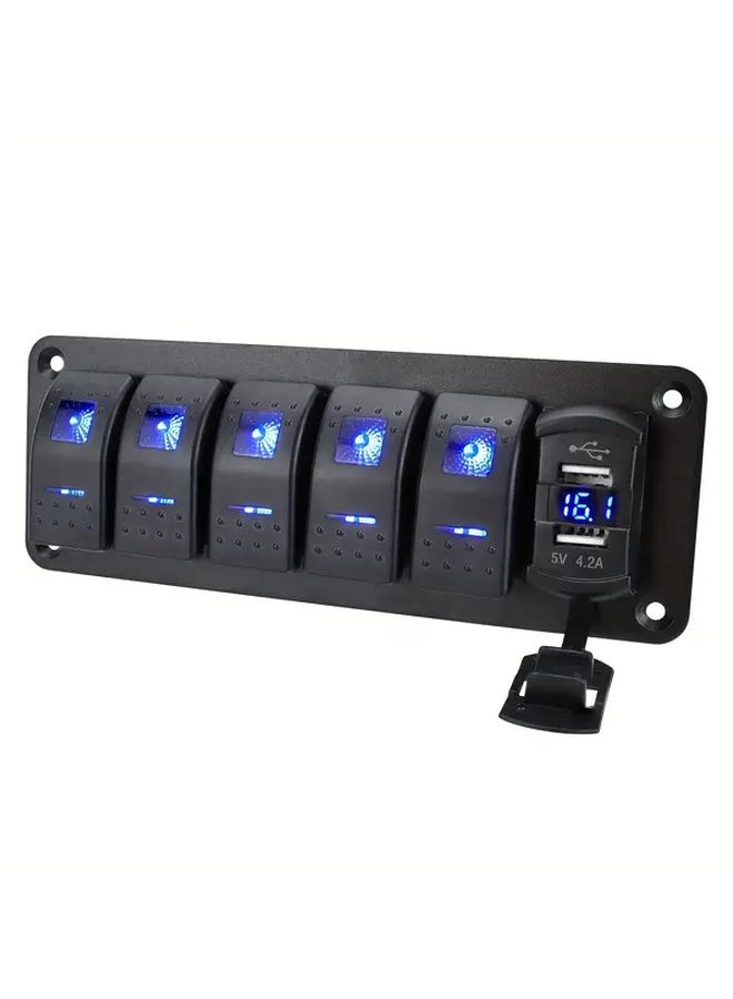 لوحة مفتاح روكر Blue 7 Gang مع فولتميتر وشاحن USB مزدوج سريع الشحن - Image 5