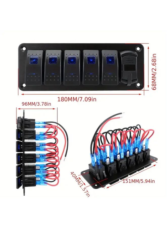 لوحة مفتاح روكر Blue 7 Gang مع فولتميتر وشاحن USB مزدوج سريع الشحن - Image 2