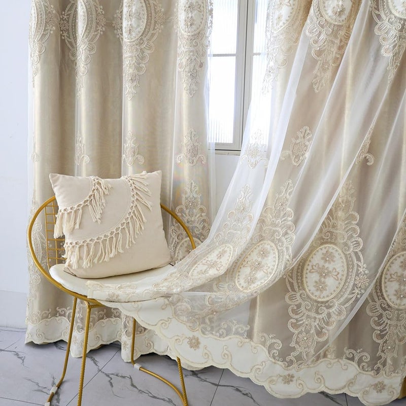 Amidoudou 1 Pair European Double Layer Curtains with Valances for Living Room Bedroom Luxury 3D Flower Embroidered Curtains (Gold,52x84 Inch) - Image 5