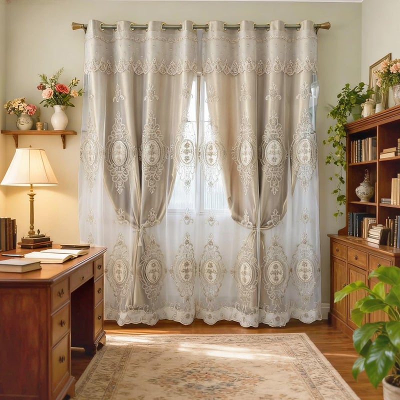 Amidoudou 1 Pair European Double Layer Curtains with Valances for Living Room Bedroom Luxury 3D Flower Embroidered Curtains (Gold,52x84 Inch) - Image 2