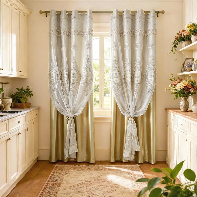Amidoudou 1 Pair European Double Layer Curtains with Valances for Living Room Bedroom Luxury 3D Flower Embroidered Curtains (Gold,52x84 Inch) - Image 3