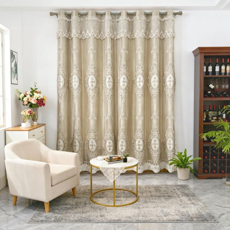 Amidoudou 1 Pair European Double Layer Curtains with Valances for Living Room Bedroom Luxury 3D Flower Embroidered Curtains (Gold,52x84 Inch) - Image 1