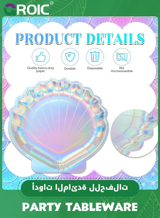 GROIC 56 Pcs Mermaid Party Tableware Set Party Paper Plates Cups Straws Party Supplies Decorations for 8 Guests, Holographic Foil cake Party Supplies for Mermaid Party Birthday Shower Wedding - Image 2