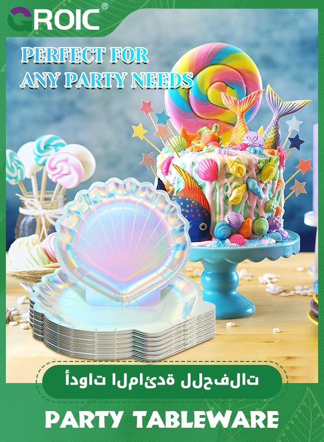 GROIC 56 Pcs Mermaid Party Tableware Set Party Paper Plates Cups Straws Party Supplies Decorations for 8 Guests, Holographic Foil cake Party Supplies for Mermaid Party Birthday Shower Wedding - Image 3
