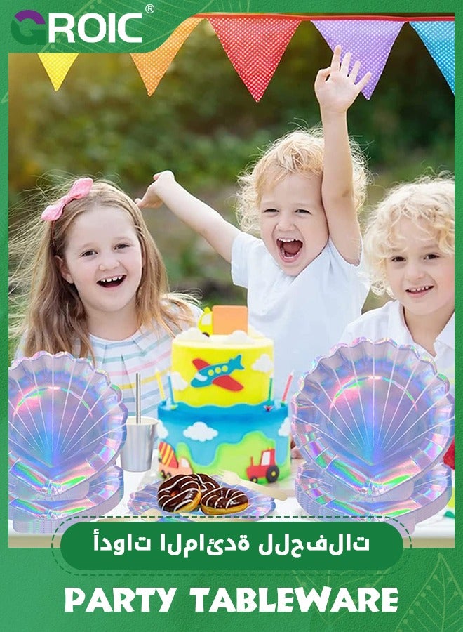 GROIC 56 Pcs Mermaid Party Tableware Set Party Paper Plates Cups Straws Party Supplies Decorations for 8 Guests, Holographic Foil cake Party Supplies for Mermaid Party Birthday Shower Wedding - Image 5