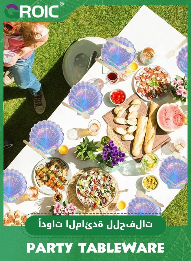 GROIC 56 Pcs Mermaid Party Tableware Set Party Paper Plates Cups Straws Party Supplies Decorations for 8 Guests, Holographic Foil cake Party Supplies for Mermaid Party Birthday Shower Wedding - Image 4