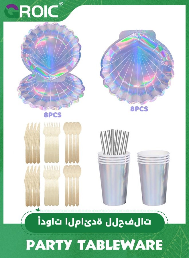 GROIC 56 Pcs Mermaid Party Tableware Set Party Paper Plates Cups Straws Party Supplies Decorations for 8 Guests, Holographic Foil cake Party Supplies for Mermaid Party Birthday Shower Wedding - Image 1